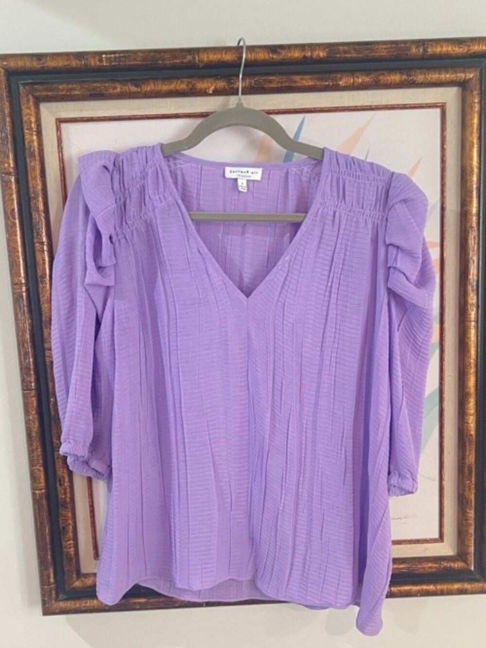 Current Air Lavender Blouse Size Small V-Neck Ruffle Sleeve Textured Top